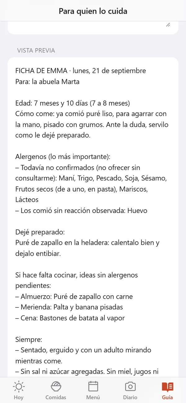 Ficha para quien cuida al bebé