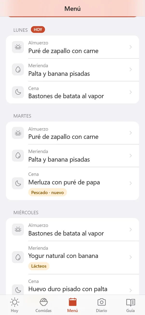 Menú de la semana en la app: almuerzo, merienda y cena por día