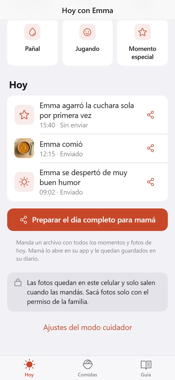 Registro de momentos del modo cuidador